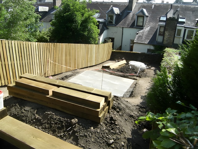 Patio slabs laid; sleepers ready