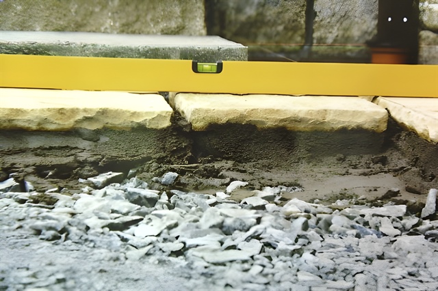 Levelling up-hardcore base, then cement and paving slabs on top